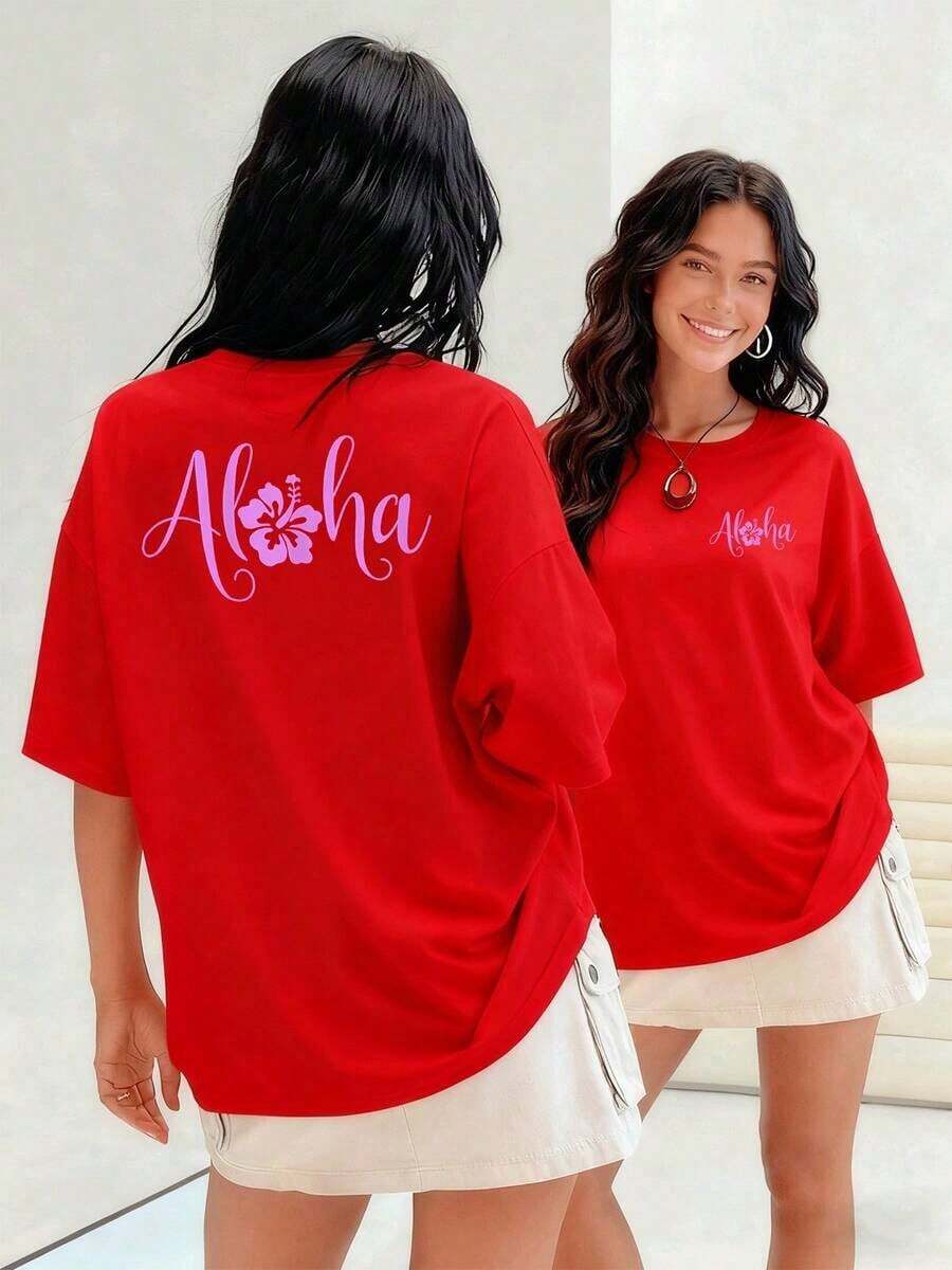 Aloha con hibisco evoca la dulzura hawaiana camiseta para mujer 100% algodón suave y fresca para un look relajado y tropical transmitiendo un espíritu vacacional.Suitable for spring, summer and autumn - Rojo - Ver 1