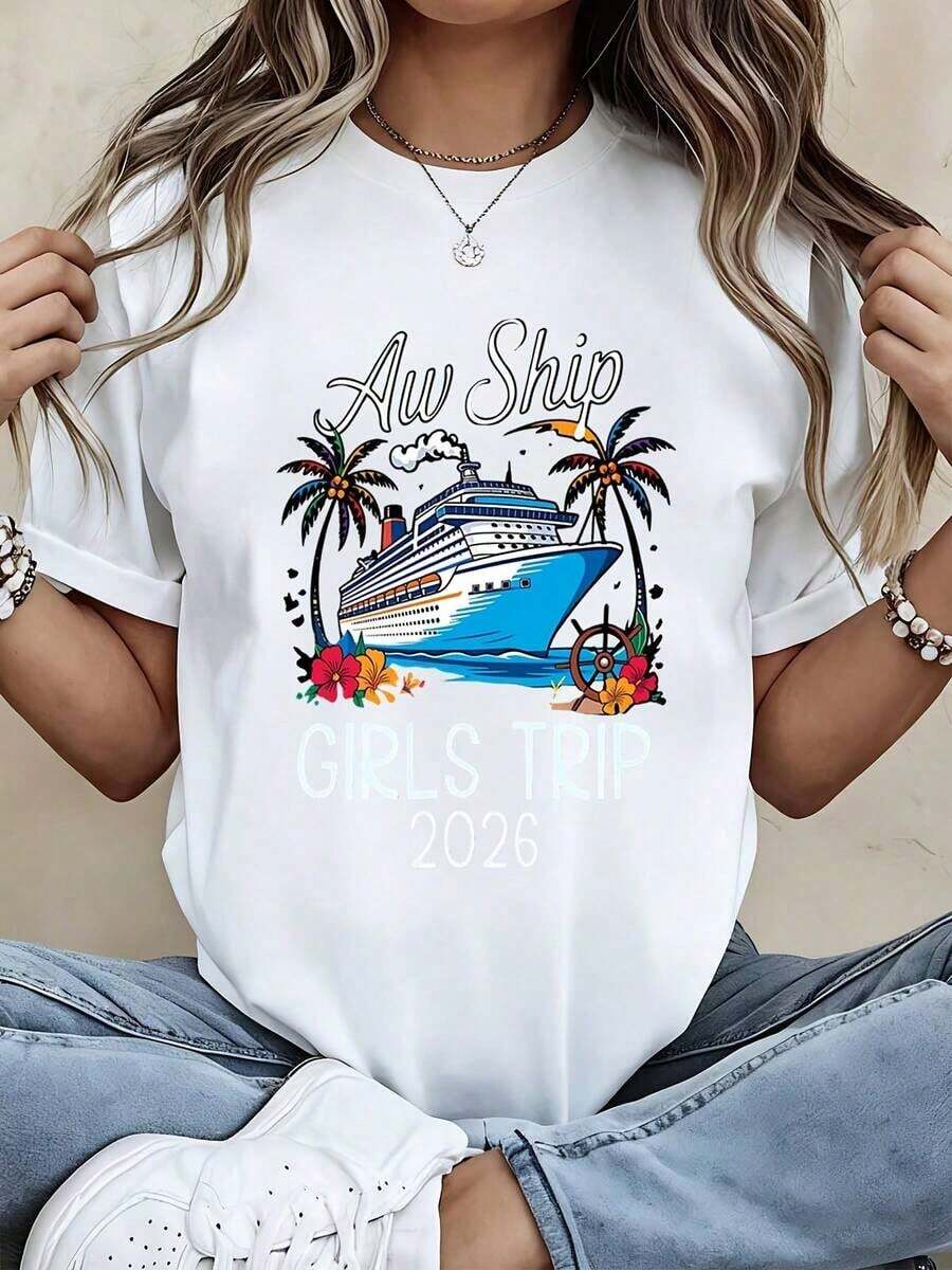 Camiseta Moderna y Minimalista para Mujer, Diseño Floral con Palmeras, Ideal para Viajes de Chicas, Cruceros, Vacaciones de Verano, Ropa Casual para la Playa y Fiestas - Blanco - Ver 1