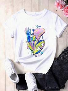 Women's Colorful Love Graffiti Print Short Sleeve T-Shirt, Casual Short Sleeve Top, Fashion Graphic Tee, Summer Clothes, Urban Style Outfit, Casual. - 白色 - 查看 2