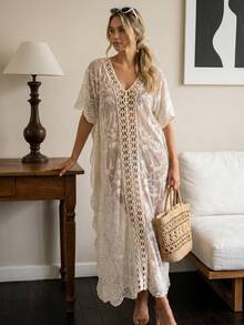 Bohemian Style Embroidered Sheer Robe - Batwing Sleeve Long Beach Cover Up Suitable For Coachella, Beach And Summer Travel - White - View 4