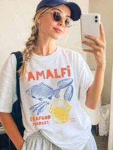 1 pieza Camisa de Mariscos de la  de Amalfi de Talla Grande, Camisa de Pescado, Camisa de Sardinas, Camisa de Limones, Estilo Costero de Verano de Italia, Camisa Vintage Inspirada en el Océano para Foodies, Sardinas, 180g, Ropa de Playa para Mujer, Blusas de Verano para Mujer - Blanco - Ver 5