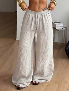 100% Cotton Washed White Trousers, Basic Minimalist Bohemian Style, For Summer Concerts, Outings And The Beach - 卡其色 - 查看 8
