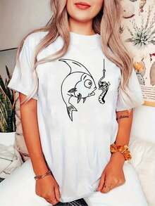 Playeras de mujer: Camiseta deportiva casual para mujer, cuello redondo, manga corta, estampado de peces e insectos, top cómodo de verano para vacaciones. Conjuntos de mujer. - Blanco - Ver 7