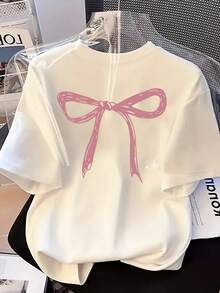 Vintage Easy Bow Graphic Print T-Shirt, Casual Short-Sleeved, Round-Neck Top For Summer And Spring, Women's Clothing, Summer Tops, Summer Outfits - White - View 3