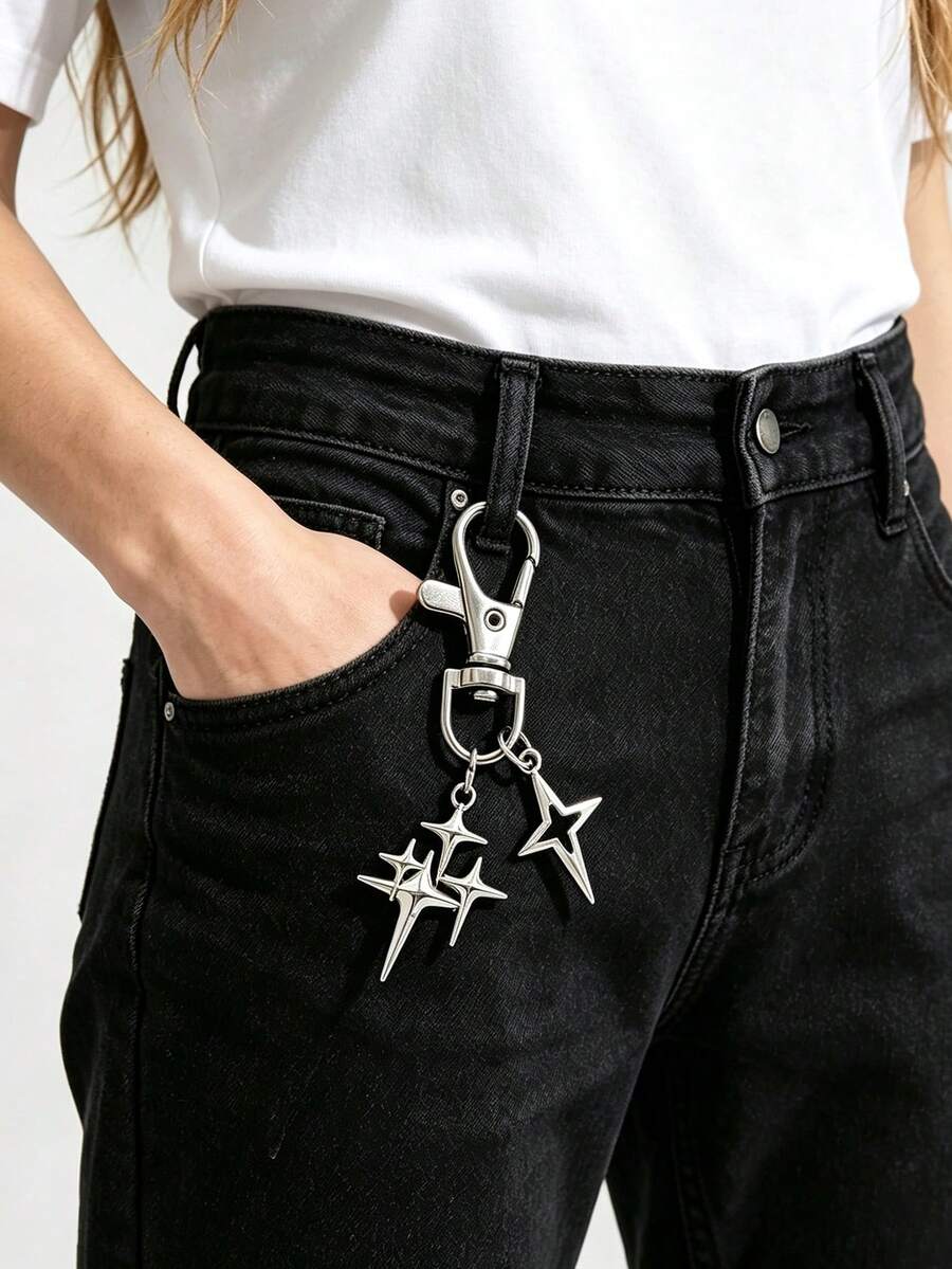 1pc Retro Alloy Four-Pointed Star Pants Chain, Versatile Fashion Bag Charm Accessory, Suitable For Daily Wearrave Festival Outfit - Silver - View 1