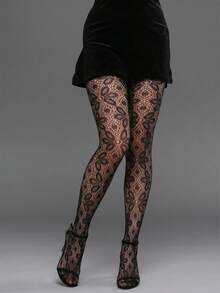 GNIM HL 1/2 paires de collants résille à motif floral vintage pour femmes. Collants transparents sexy à taille haute pour femmes, idéaux pour la boîte de nuit - Noir - Voir 1