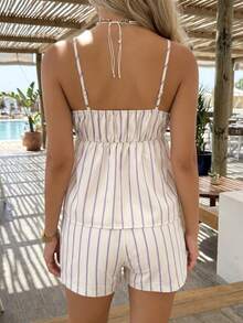 Completo estivo casual da donna Just Masa, due pezzi, con blocchi di colore e righe, spalline regolabili, top a canottiera con orlo a balze e vita con coulisse, pantaloncini con vita elastica e coulisse, adatto per spiaggia, viaggi, appuntamenti, festival musicali, uso quotidiano elegante - Giallo - Visualizzare 2