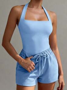 Camiseta sin espalda sexy, top de verano con cuello cuadrado elástico, ajuste casual y elegante, color amarillo para vacaciones - Celeste - Ver 3