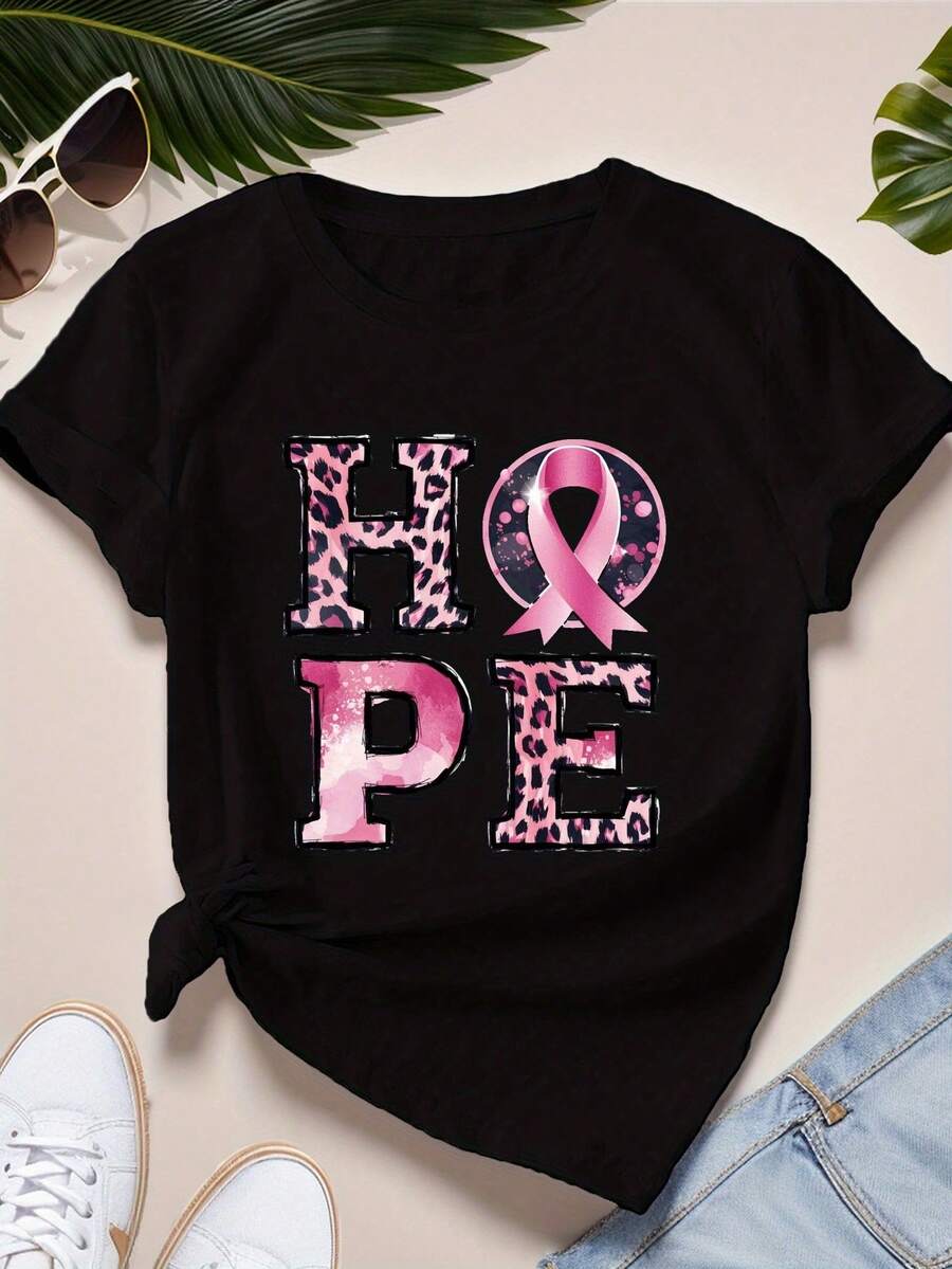 Playeras de Mujer de Algodón Oversize Moda 2026 HOPE Pink Ribbon, Camiseta Cómoda para Mujer, Suave y Sencilla para Uso Diario, Top de Manga Corta - Negro - Ver 1