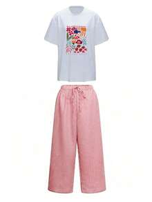 Conjunto de 2 piezas de mujer talla grande para primavera/verano 2026 con camiseta suelta estampada + falda a cuadros larga, esencial para el Día de San Valentín, uso diario y vacaciones, elegante rojo - Rojo - Ver 3