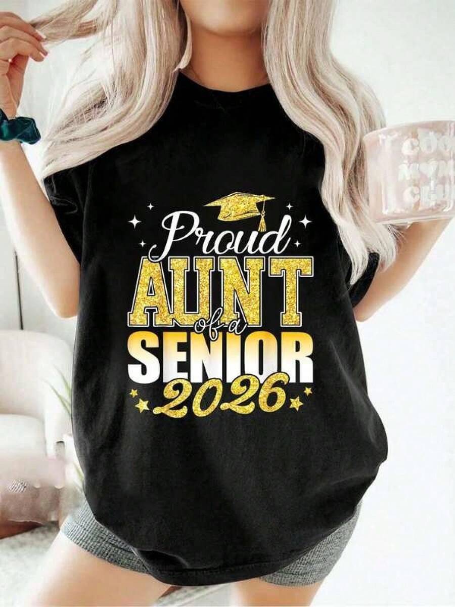Unisex Short-Sleeved T-Shirt, GraduationSeasonProudAuntOfASenior2026ClassOf2026GraduateShortSleeveRoundNeckTShirtForSummer&SpringT-Shirts For Men, , , Dazywomen,Romwemen, Bohochic,Teachersgifts,Tshirtforwomensetswithcurvesparamu,Y2k, - 黑色 - 查看 1