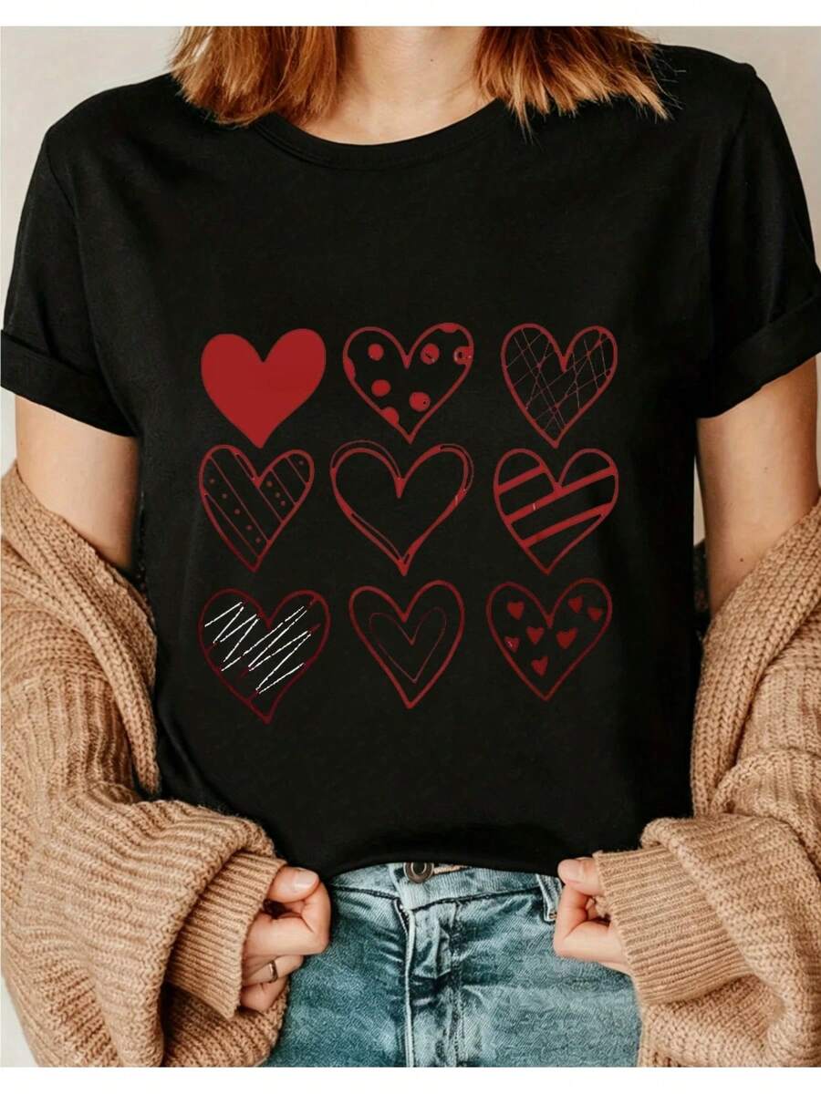 Camiseta de mujer, regalo para el Día de San Valentín, estampado de corazones, elegante y con estilo, diseño moderno en forma de Y, cuello redondo sencillo, cómoda y transpirable, 1i01, top de manga corta con cuello redondo, adecuada para todas las estaciones, blusas casuales y versátiles para dama. - Negro - Ver 1