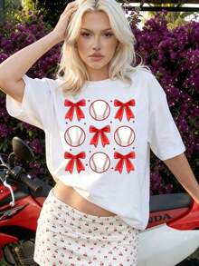 Premium Vintage Baseball Bows Tee Soft Girl Baseball Bows T-Shirt Fashionable Casual T-Shirt For Women With Creative Print, Short Sleeve, Round Neck, For Spring And Summer T-Shirt Women Festive Celebration Shirt Party Wear Top - 白色 - 查看 6