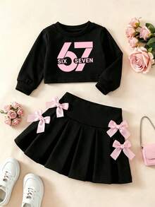 Baby Girl Number Print Round Neck Long Sleeve Top And Ribbon Bow Decor Skirt Set - Black - View 2