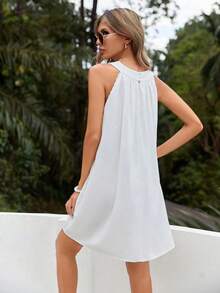 Vestido De Mujer Sin Mangas Para La Playa De Verano Con Parche De Encaje En Contraste - Blanco - Ver 2