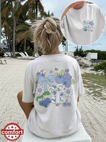 [Double-Sided Print] Women's Spring And Summer Top, Beach Fashion, Cool Style, Blueberry Print, Bow, Flowers And Hearts, Casual Short Sleeve Round Neck T-Shirt - 黑色 - 查看 8