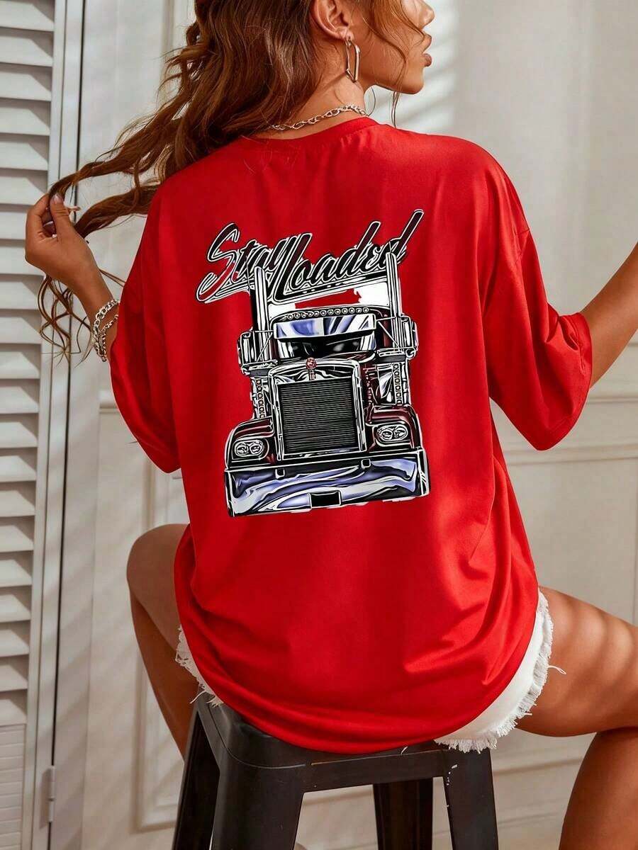 Stylish Women's T-Shirt With Large And Detailed Truck Print, Casual Short Sleeve Blouse Ideal For Summer, Semi-Trailer Graphic Design, Soft And Comfortable Clothing For Women - Lightweight And Breathable - 紅色的 - 查看 1