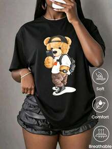 180g Made In Mexico, Spring/Summer 2026 Fashion Short Sleeve T-Shirt, Cartoon Print, Couple Style, Underwear/Outerwear, Casual Round Neck For Office, Unisex One Piece Top - 黑色 - 查看 2