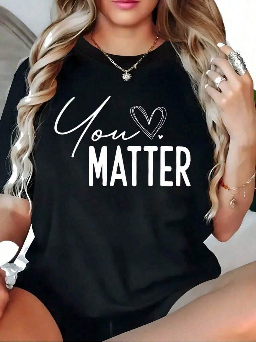 Algodón Camiseta Gráfica You Matter Para Mujer, % Algodón, Talla. Top Informal De Cuello Redondo Y Manga Corta Con Diseño De Corazón. Tejido De Punto Suave Para Todas Las Estaciones. blusas para mujer camisa - Negro - Ver 1