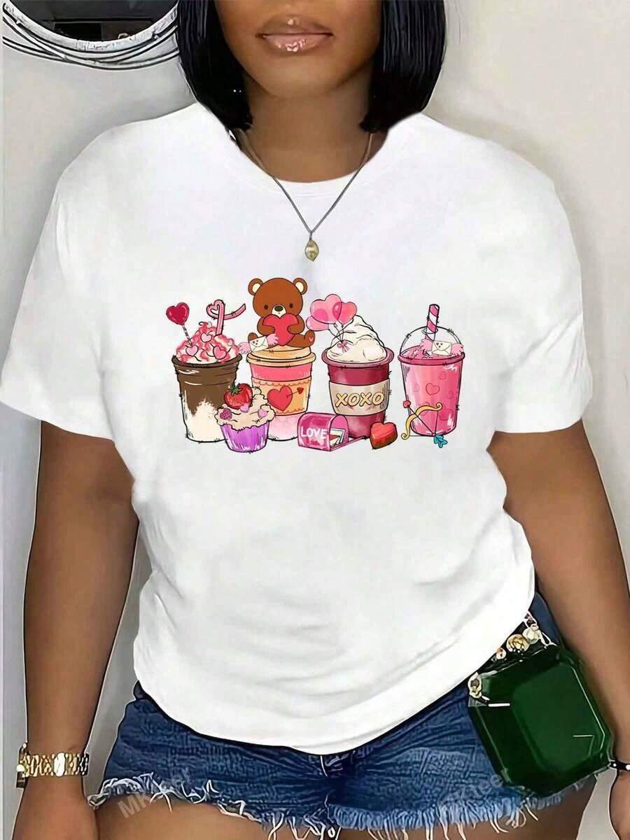 Women's Casual T-Shirt With Bear Cupcake And XOXO Heart Print, Round Neck, Summer Casual Top, Gift For Her, 220g, Long Sleeve - 白色 - 查看 1