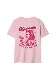 Camiseta de manga corta con cuello redondo y estampado de letras para mujer, estilo casual, versátil para vacaciones y uso diario, estilo urbano, primavera/verano. - Rosa - Ver 3