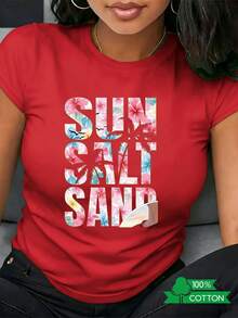 Camiseta de Cuello Redondo para Mujer con Estampado de Letras de Anime, Diseño Sencillo, Cómoda y Transpirable, Adecuada para Uso Diario Casual y Versátil, que Muestra un Estilo Fresco de Verano, Esencial para Fiestas, Envío Local Letter SUN Letter SALT - Negro - Ver 8
