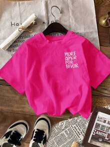 Women's T-Shirt, Casual Urban Style, Short Sleeve Graphic T-Shirt, Cute Summer T-Shirt - 亮粉紅色 - 查看 2