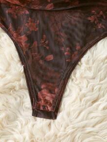 Body de manga larga con hombros transparentes y estampado de leopardo para mujer - Marrón - Ver 6