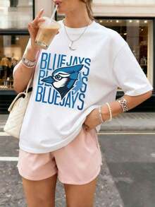 Women's Crew Neck T-Shirt, 100% Lightweight Cotton, With A Blue Jays Graphic Print, Suitable For Casual Everyday Wear, Holidays, Birthdays, And More. Ideal For Summer, Made Of Pure Cotton. - 白色 - 查看 7