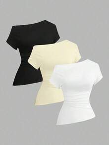 Camiseta casual asimétrica de hombro para mujer - Multicolor 21 - Ver 9
