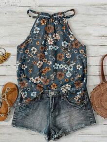 Camiseta de tirantes con cuello halter con estampado floral pequeño, adecuada para primavera y verano - Multicolor - Ver 7