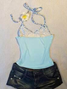 Top halter con estampado de frutas, diseño sin espalda, estilo casual de vacaciones, chaleco de 2 en 1 con bloques de color, adecuado para fiestas, citas, playas, carnavales y otras ocasiones, la elección perfecta para el verano.Top de playa, ro - Multicolor 15 - Ver 2