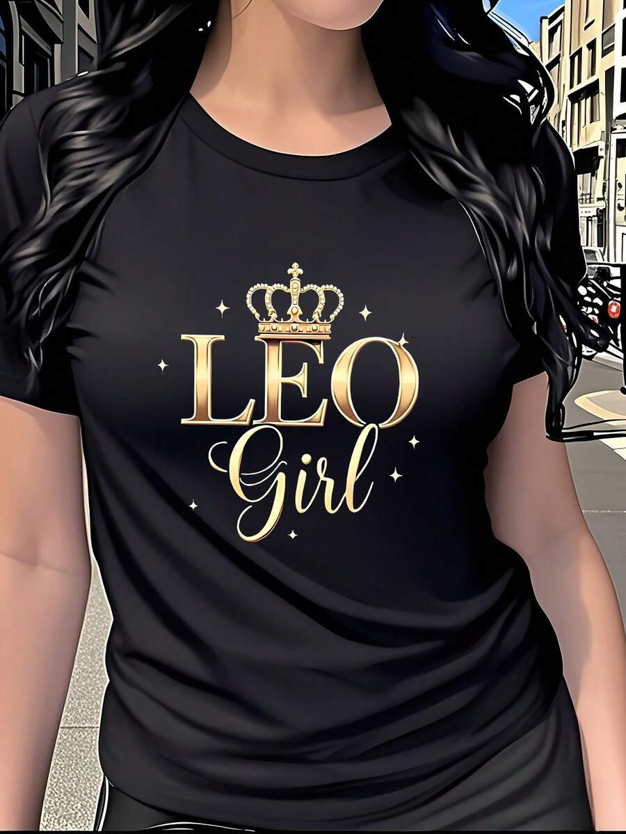 Women's Pure Cotton Short-Sleeved T-Shirt With Round Neck And Leo Crown Print, Fashionable And Short-Sleeved Round Neck Women's Clothing, Unique Design, Suitable For Casual Daily Wear And Parties. - 黑色 - 查看 1