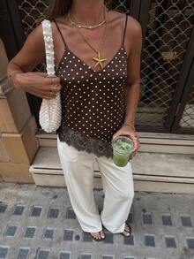 Camiseta elegante y sexy de mujer con estampado de leopardo y encaje en contraste, camiseta de estampado de leopardo elegante, top de fiesta, atuendos de playa y vacaciones para mujeres, top para salir - Marrón - Ver 3