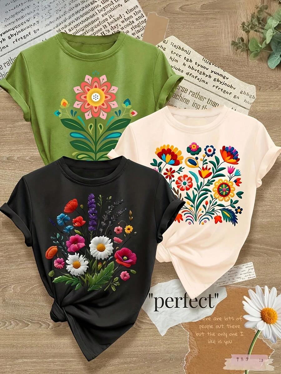 Women's T-Shirts, Women's T-Shirts, 1 Piece Women's Bohemian Style Print Short Sleeve T-Shirt - Loose Summer Top With Round Neck, Plus Sizes 1XL-5XL, Machine Washable, Suitable For Casual Holiday Wear, Artistic Design, Breathable Fabric, Soft Material, Multi-Pack T-Shirts, Suitable For Casual Wear. - 1件黑色隨機圖案 - 查看 1