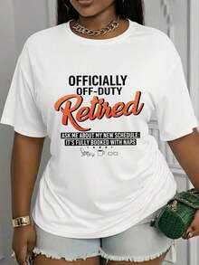 Gift: 1 Women's White T-Shirt With "OffDuty Retired" Print, Crew Neck, Casual Cotton T-Shirt, Medium Stretch Knit Fabric, Regular Fit, Ideal For Spring/Summer/Autumn, Soft - 白色 - 查看 1