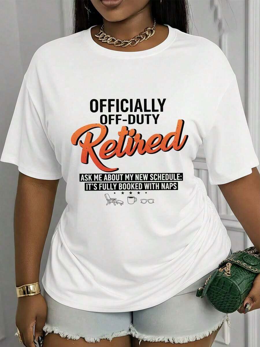 Gift: 1 Women's White T-Shirt With "OffDuty Retired" Print, Crew Neck, Casual Cotton T-Shirt, Medium Stretch Knit Fabric, Regular Fit, Ideal For Spring/Summer/Autumn, Soft - 白色 - 查看 1