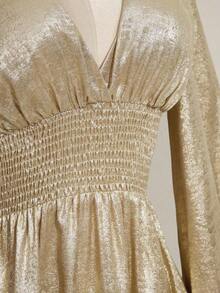 Vestido corto elegante de manga larga con cuello en V y cintura ceñida de unicolor para mujer - Dorado - Ver 6