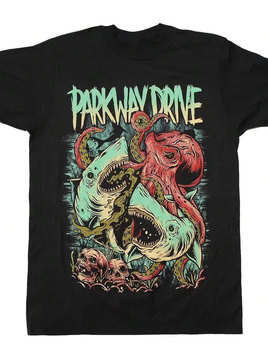 Camiseta Gráfica de la Banda Parkway Drive para Hombres - 50% Algodón, Corte Holgado, Cuello Redondo, Estampado por Transferencia Térmica de Diseño de Pulpo y Tiburón, Manga Corta Casual para Todas las Estaciones - , Camiseta de Diseño Audaz, Tela Cómoda - Negro - Ver 1
