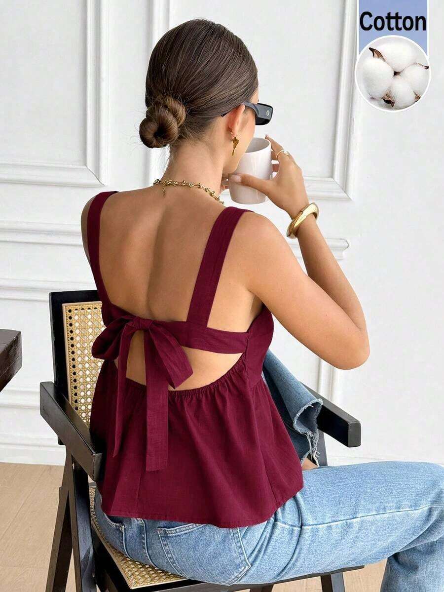 Camiseta de tirantes de algodón de unicolor casual para mujer - Burdeos - Ver 1