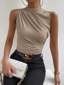 Camiseta sin mangas de corte slim con pliegues de unicolor minimalista para uso diario en verano para mujeres - Caqui - Ver 1