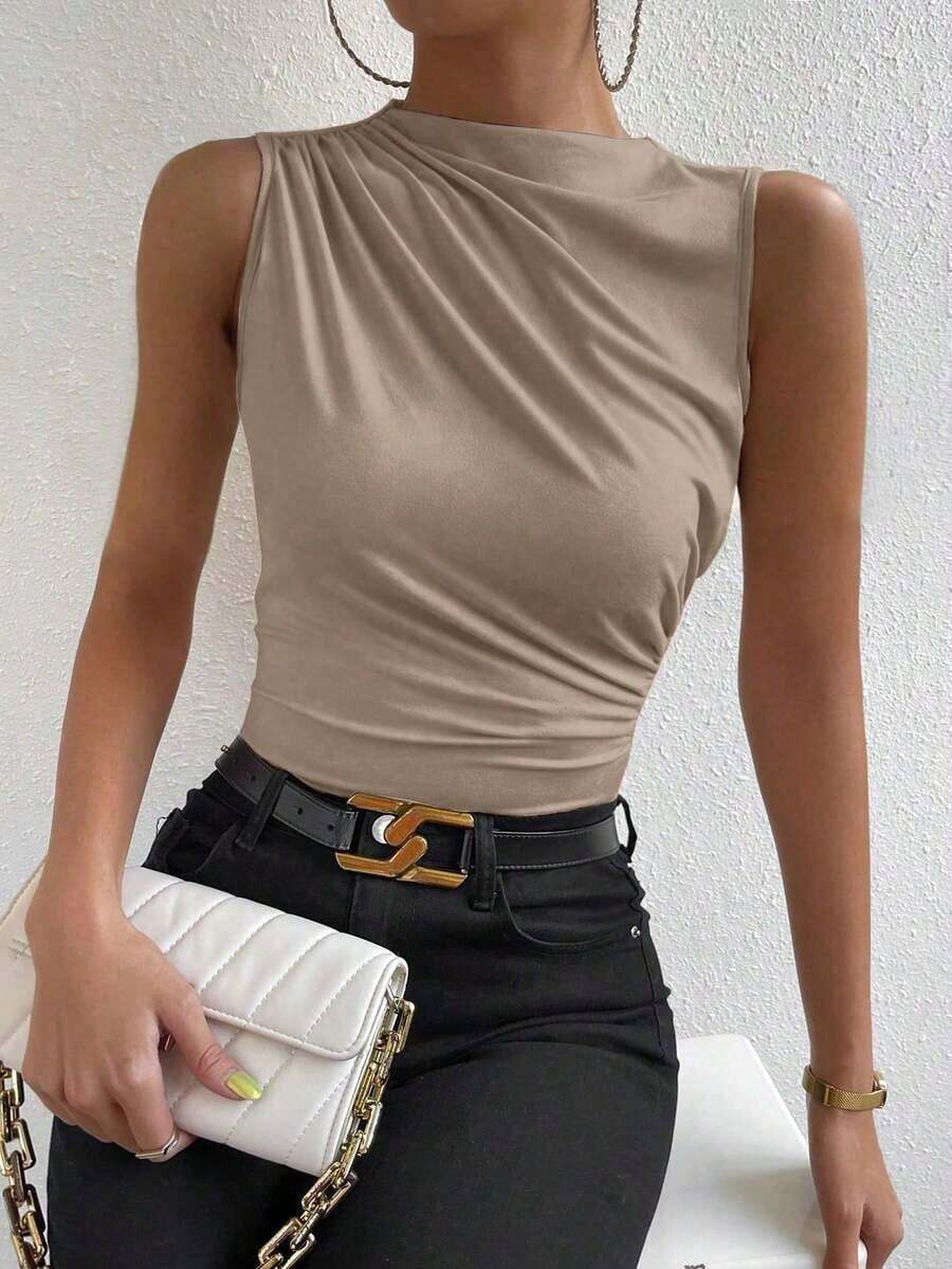 Camiseta sin mangas de corte slim con pliegues de unicolor minimalista para uso diario en verano para mujeres - Caqui - Ver 1