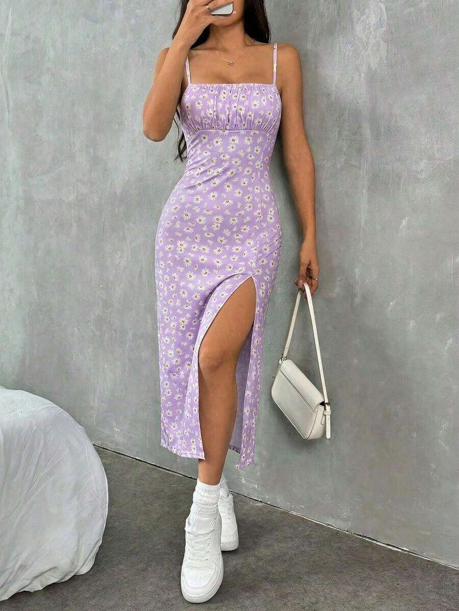 Nuevo vestido de punto con estampado de primavera/verano, tirantes de espagueti y abertura lateral para mujer.Vestido de verano sexy para vacaciones, vestido lavanda, conjunto de dos piezas lavanda, vestido floral lavanda, vestido floral mor - Lila Púrpura - Ver 1