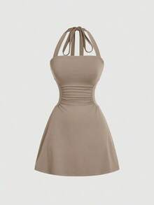 Vestido mini de mujer con cuello de halter y cintura ceñida en forma de A, vestidos de verano para mujer - Caqui - Ver 6
