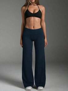 de pantalones anchos de yoga de unicolor y holgados para mujeres, cómodos y versátiles, adecuados para correr, fitness y deportes de yoga - Azul marino 2 - Ver 11