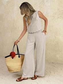 Conjunto informal de 2 piezas con top de cuello redondo y lazo en la espalda, y pantalones de cintura elástica de unicolor para mujer - Albaricoque - Ver 2