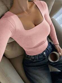 Elegante camiseta básica minimalista vintage casual de uso diario, reversible, de punto con cuello redondo y manga larga para mujer, color negro, para primavera - Rosa - Ver 8