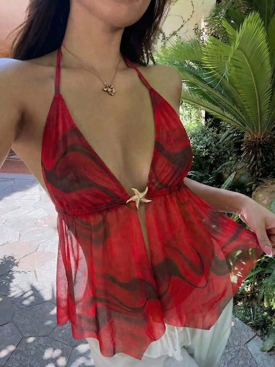 Camiseta de tirantes sexy con efecto cross y espalda descubierta, cuello Halter con teñido anudado para mujer - Burdeos - Ver 1