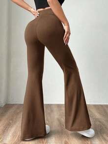 Pantalones de punto azul marino con campana para mujer - Marrón - Ver 2
