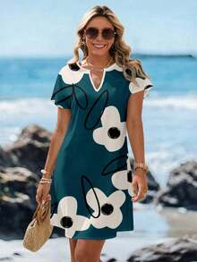 Vestido corto minimalista casual con cuello en V, adecuado para primavera/verano - Multicolor 3 - Ver 5